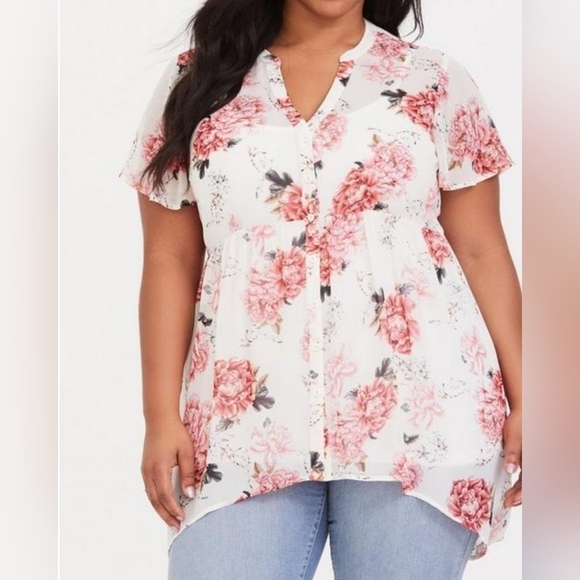 torrid Tops - Torrid Lexie Babydoll Chiffon High-Low Sheer Floral Tunic Size 1 (1X)
